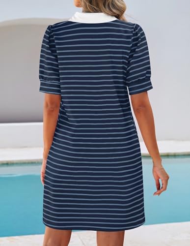 Image of ZESICA Womens Summer Striped T Shirt Mini Dresses 2026 Casual Lapel V Neck Short Sleeve Flowy A Line Beach Vacation Dress
