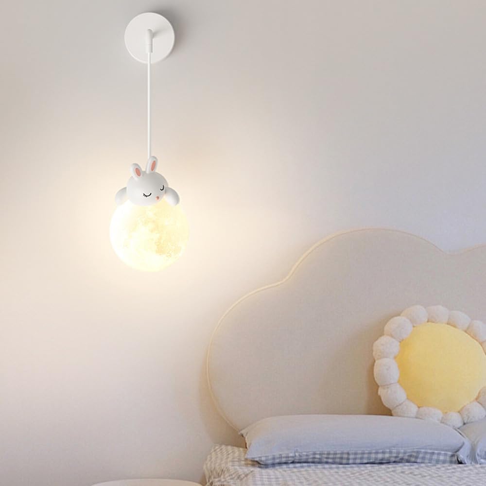 Renter Friendly Hardwired Wall Sconce Kids Room 3D Printing Moon Ball Bedroom Wall Light Cute Cartoon Animals Rabbit Panda Bear White Nordic Dimmable Bedside Wall Lamp For Boys Girls Room Children Nur