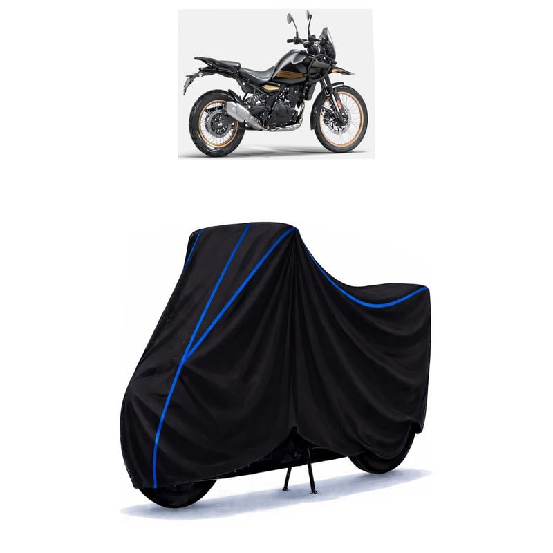 Image of Himalayan 450 Hanle Black Bike Cover Water Resistant Universal Motorcycle Rain | Heavy Duty UV Protection, Dust, Scratch Indoor Outdoor All Weather with Black Blue Piping Elastic