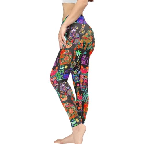 Irisjudy Folk Art Cats Print High Waisted Yoga Pants Women Leggings for Workout, Boho Colorful Kitty Tummy Control Tights Running Leggings