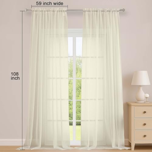 Image of OWENIE Sheer Cream Curtains 108 Inches Long for Living Room Bedroom 2 Panels Set, Lightweight Airy Cream Sheer Curtain, Filmy Voile Rod Pocket, 2 PCS, Each 59 inch W x 108 inch L