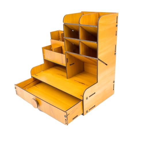 Image of Wooden Desk Organiser Pen Stand for Study Table Brown