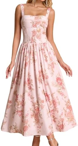 XinFSh Women's Summer Corset Midi Dress Flowy Square Neck Sleevel...