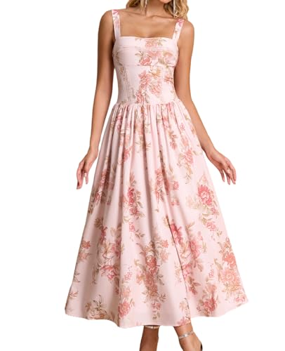 XinFSh Summer Floral Corset Midi Dress Flowy A Line Square