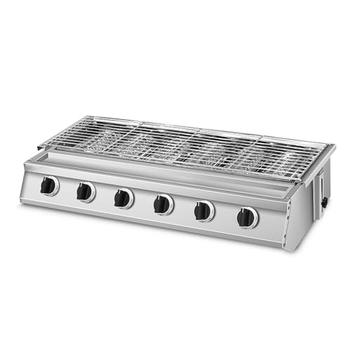 Parrilla de barbacoa sin humo de 6 quemadores, gas LPG, acero inoxidable con protector de vidrio, altura ajustable, ideal para camping y cocina en el patio, 78 cm x 25 cm
