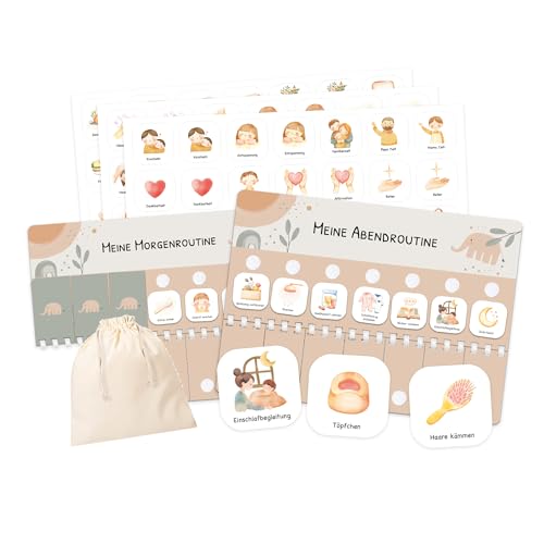 Routine Planer Kinder für Morgenroutine und Abendroutine - Routineplaner, Tagesplan Kinder mit Klett-Punkten und 105 Symbolkärtchen, Montessori Planer, Routinehilfe zum Umklappen (Elephant)