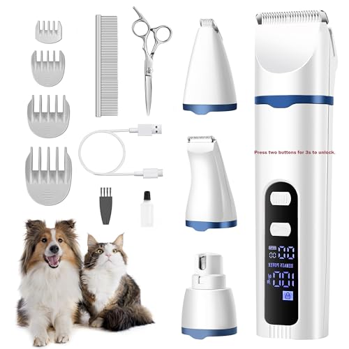 BreeyPaws Cat Clippers Dog Paw Trimmer Grooming Kit,4 in 1 Cat Shaver for matted Fur Claw Silent,Pet Shaver Trimmer for Dogs Cats Paws,2 Speed & Battery Display & Startup Locked-Blue