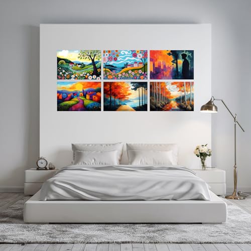 Image of SiddArtify Colorful Landscape Wall Art Prints Set - Whimsical Village Poster Decor for Living Room Bedroom Office - 8x12 Sticker Pack of 6