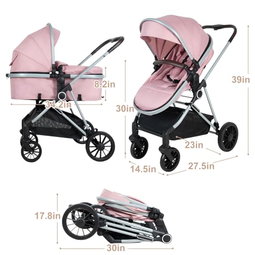 Image of 2-in-1 Baby Stroller with Bassinet Mode - Folding Infant Newborn Pram with Reversible Seat - for 0-36 Months Baby Girl Pink