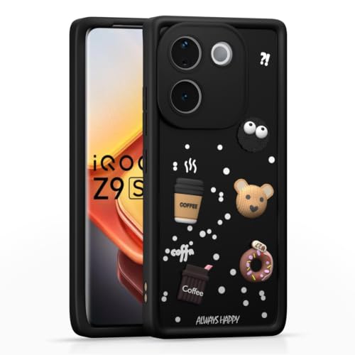 Image of Bintage Cute Fun Ball | Taddy Cartoon 3D Smiley Coffee Cup | Milk Donut | Full Protection Rubber Back Cover Compatible for Vivo V2404 / Vivo T3Pro 5G - Black