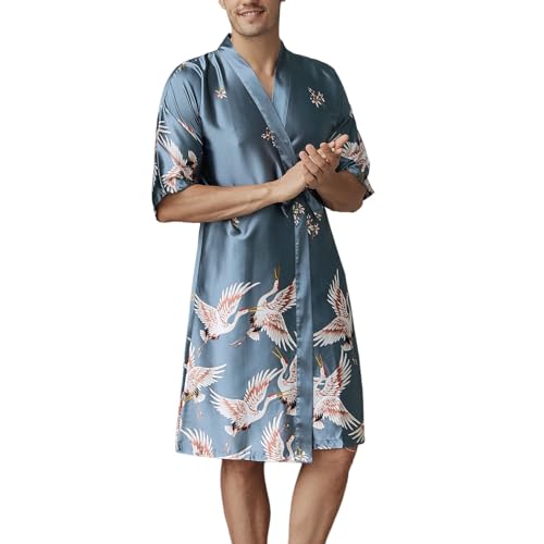 Generisch Ropa de dormir de verano de longitud media, bata de seda estampada, bata para padrino, pijama para hombre, pijama de una pieza, gris, L