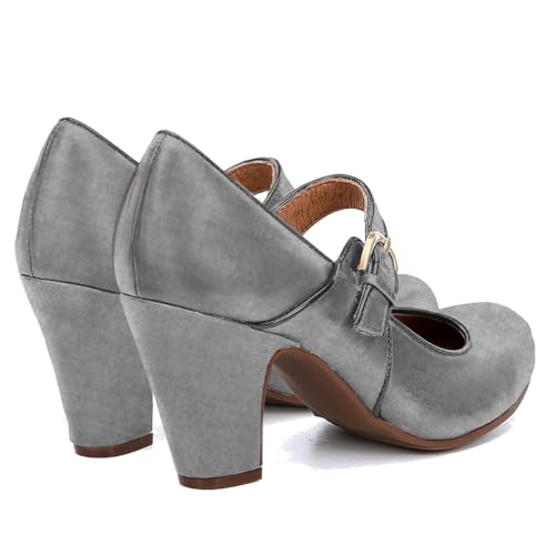 Image of SHODENSE Women Vintage Chunky High Heel Mary Jane Shoes Round Closed Toe Ankle Strap Dress Sandals 3 inch Block Heels Mary Jane Lolita Pumps Two-Toned Patchwork Buckle Office Lady Wedding Retro 4-11 M US