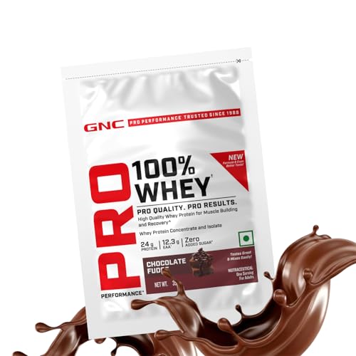 Image of GNC Pro Performance 100% Whey Protein | New Formulation | 24g Protein, 5.7g BCAAs, 12.3g EAAs | Added DigeZyme | Whey Isolate & Concentrate Blend, Low Carb (4.51g), No Added Sugar |Chocolate Fudge, 35g