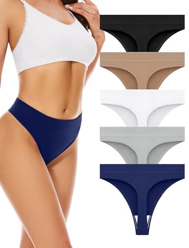 VOENXE Nahtloser String Tanga Damen,Hohe Taille Sport Unterwäsche Frauen Mehrpack mit Breitem Bund,Unsichtbarer Seamless Slip für Fitness Alltag aus Nylon,Invisible Women Thong Underwear,5er Pack