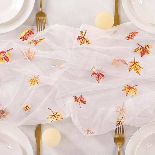 Image of Maple Leaf Embroidery Fall Table Runner White Sheer Tulle Table Runner, 3PC