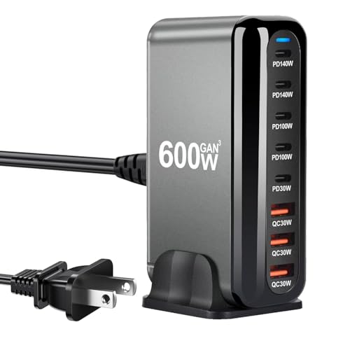 600W USB C 100W USB C Charger Block, GaN III 8-Port Fast Charging Station Hub,PD 3.1 140W Laptop Charger Adapter Compatible with MacBook Pro/Air,DELL,Steam Deck,iPhone 16/15/14,Galaxy S24 (Black 600W)