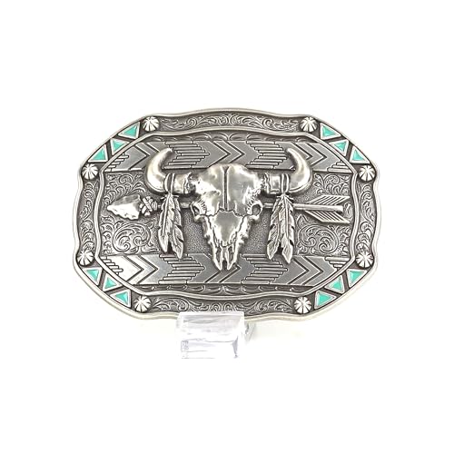 Nocona Men's Rectangle Belt Buckle, Bull Skull Design with Engraved Floral Pattern and Turquoise Accents, 2-1/2