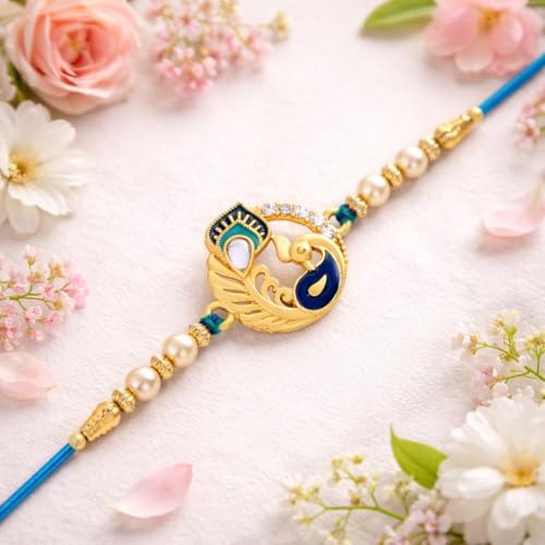 Image of Riddhika Ventures Religious Meenakari Om and Peacock Feather Rakhi With Roli Chawal And Greeting Card