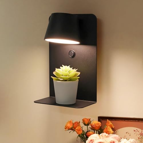 Image of DEC LUCE DECOLUCE LIGHTING Modern LED Plug in Wall Sconce, Dimmable Wireless Wall Light Fixtures with Shelf and USB Port, 6W,600LM, Rotatable Small Reading Wall Lamp for Bedroom Bedside, Black