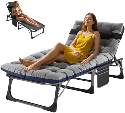 Bild 14 - Sonnenliege Klappbett 198x81cm Campingbett Gästebett klappbar liegestuhl 200KG Lastlager Gartenliege Mit Matratze Seitentasche und Kopfstütze Feldbett für In-Outdoor Garten Camping (Schwarz)