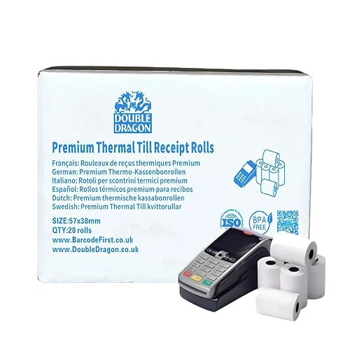 Double Dragon 57mm x 38mm Ingenico Thermal PDQ Receipt Paper Rolls | Eco-Friendly, Affordable, BPA-Free | Compatible with Verifone, Spire, Pax Credit Card Machines (Pack of 20)