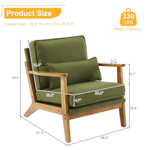 Image of Karl home Mid-Century Lounge Accent Chair, Green | Wide Curved Armrest, Linen Fabric, Lumbar Pillow Included, Solid Wood Frame, For Living Room, Bedroom, Balcony, Apartment