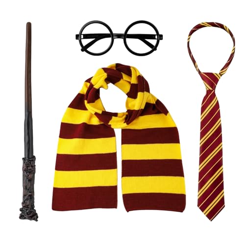 JENFALL Halloween Wizard Costume Accessories Set - Glasses Tie Wand and Scarf for Kids Boys Adults Girls Halloween Cosplay Dress-up Party