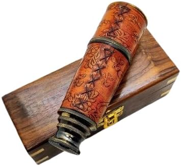 Vintage Brass Telescope – Handheld Nautical Pirate Spyglass for Navigation & Decor – Antique Brass Finish with Embossed (Wooden Box, Medium)