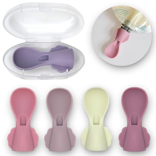LittleWhispers Stage 1 Baby Pouch Spoon Attachment - 5 Pack Small Spoons - Travel Case Included - Silicone Baby Food Pouch Spoon Tops - Squeeze Baby Pouch Topper