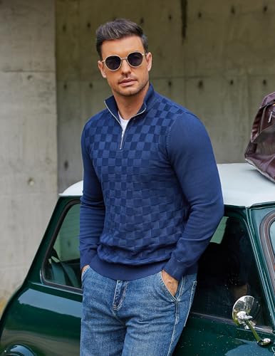 COOFANDY Quarter Zip Pullover Men Dress Sweaters Long Sleeve Jacquard Checkered Sweater3