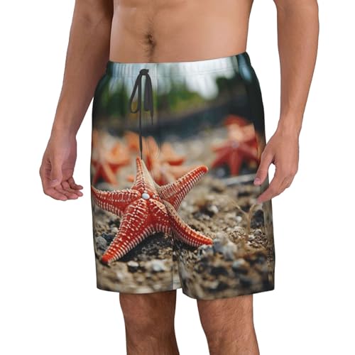 Starfish and Coral on Beach Print Mens Casual Shorts Drawstring Summer Beach Stretch Shorts Novelty Swimtrunks2