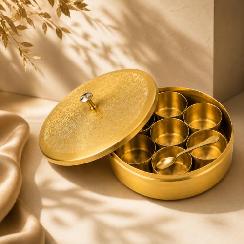 Image of Decorative Brass Spice Box with Floral Lid & Spoon | Handcrafted Round Masala Dabba with 7 Containers | Traditional Brass Masala Box for Kitchen | Masala Dani for Kitchen Stylish