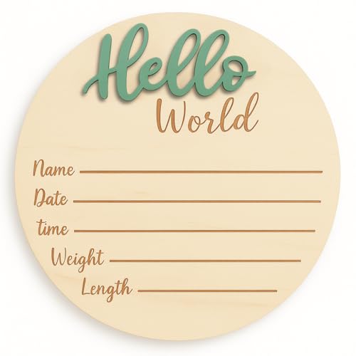 Image of Baby Announcement Sign – 6” Wooden Hello World Newborn Name Sign, Hospital Birth Stat Plaque, Gender-Neutral Welcome Baby Keepsake, Personalized Photo Prop for Boys & Girls, Newborn Gift (Green)