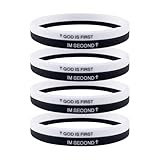WANDIC 4 Sets schwarz-weiße inspirierende Bibelvers-Gummi-Armbänder, religiöse Motivationsarmbänder "God is First", Armbänder für Männer, Frauen, Teenager