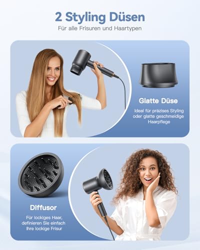 Ionen Föhn mit Diffusor 1800W - DEWILY Schnelltrocknen Haartrockner Hair Dryer, 3 Temperatureinstellungen/ 2-Gang, Kompakt Tragbar Reisefön mit Diffusor für Locken, Grau 5
