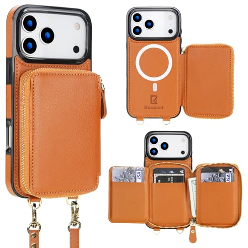 Étui portefeuille MagSafe iPhone 17 Pro Max marron avec bandoulière