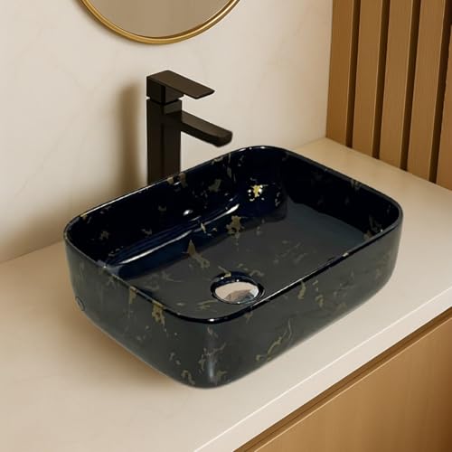 Image of Artiva Ceramic Wash Basin /Tabletop Washbasin For Bathroom,12 inchx16 inch /Small Countetop Bathroom Basin /Table Top Basin For Home,Office,Hotel /Rectangle Glossy Sink (Phoenix-Gold,12x16 Inch)