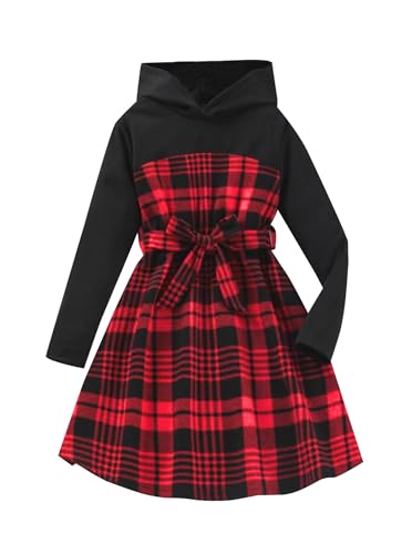 Girls Plaid Dress Casual Long Sleeve Bow Hooded Sweatshirt Dress