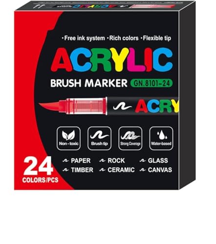 Acrylic Paint Pens Soft Brush Tip Acrylic Markers 24 Colors Ideal for Canvas Rock Painting Wood Stone Glass Ceramic Fabric Painting DIY Crafts