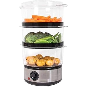 3 Tier Food Steamer / 6 Litre/Compact Design / 3 Separate Compartments & Rice Bowl/Healthy Cooking Of Vegetables, Meats & Fish / 60 Minute Timer Function / 400W