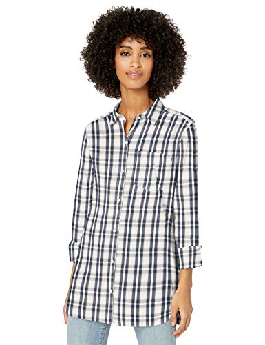Amazon Brand - Goodthreads Women's Lightweight Twill Long-Sleeve Button-Front Tunic Shirt, Off- Off-White/Navy Plaid, Large