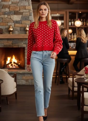 Image of Womens Cropped Pullover Sweater Polka Dot Chunky Knit Sweater Floral Printed Crewneck Long Sleeve Fall Winter Outfits