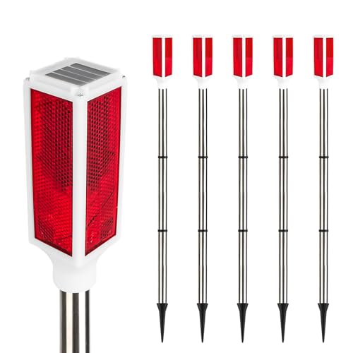 Kiinfendly 5 PCS Solar Driveway Markers, Solar Powered Driveway Lights on Poles, Outdoor Landscape Reflectors for Snow Road, Yard, Parking Lot, and Sidewalk (Red)