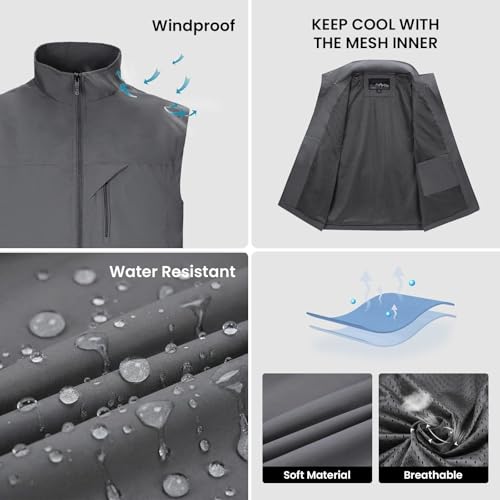 Image of Mens Vests Outerwear Windproof Lightweight Softshell Sleeveless Jacket | Breathable Zip Up Multi-Pockets Quick Dry Sports Vest for Golf Hiking Fishing Running