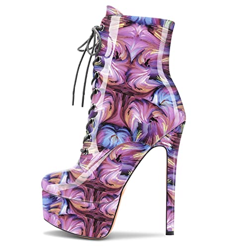 Image of Aachcol Women Ankle Boots Short Bootie Platform Stiletto High Heel Round Toe Dress Shoes Lace-up Patent 6.5 Inch