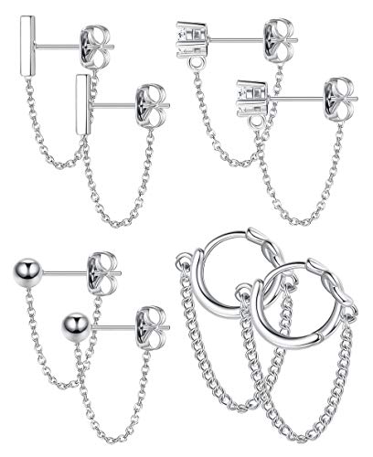 YADOCA 4 pairs Copper Chain Stud Earrings Set for Women CZ Dangle Earrings Ball Stud Earring Bar Stud Earrings Huggie Hoop Piercing Earrings Stainless Steel Ear Pins Sliver