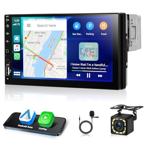 Motorsi CarPlay Android Auto 1Din Radio Coche, Pantalla Coche Táctil 7 Pulgadas LCD Autoradio, Radio Auto Soporte Bluetooth/MirrorLink/FM/USB/AUX/Charging/Remote Control/7 Color Backlight+Cámara
