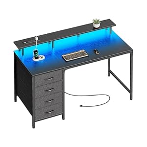 Huuger 47 Inch Computer Desk with Power Outlets and LED Lights, Gaming Desk with 4 Drawers, Office Desk with Monitor Stand, Study Desk Work Desk for Home Office, Small Spaces, Black
