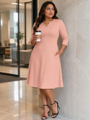 Image of PinkPatty Women's Casual 3 /4 Sleeve Midi Dresses Fit and Flare Church Work Dress with Pockets