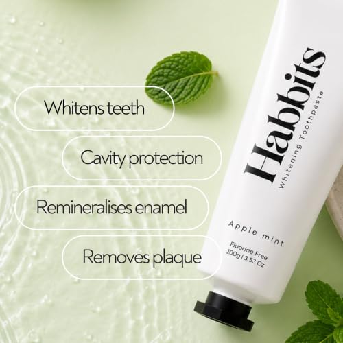 Image of Habbits Apple Mint Teeth Whitening Toothpaste - 100g x 2| Tooth Stain Remover & Teeth Whitener | Enamel Safe Oral Care | Fights Plaque, Cavities & Bad Breath | SLS & Fluoride Free | Tea Tree & N-hap